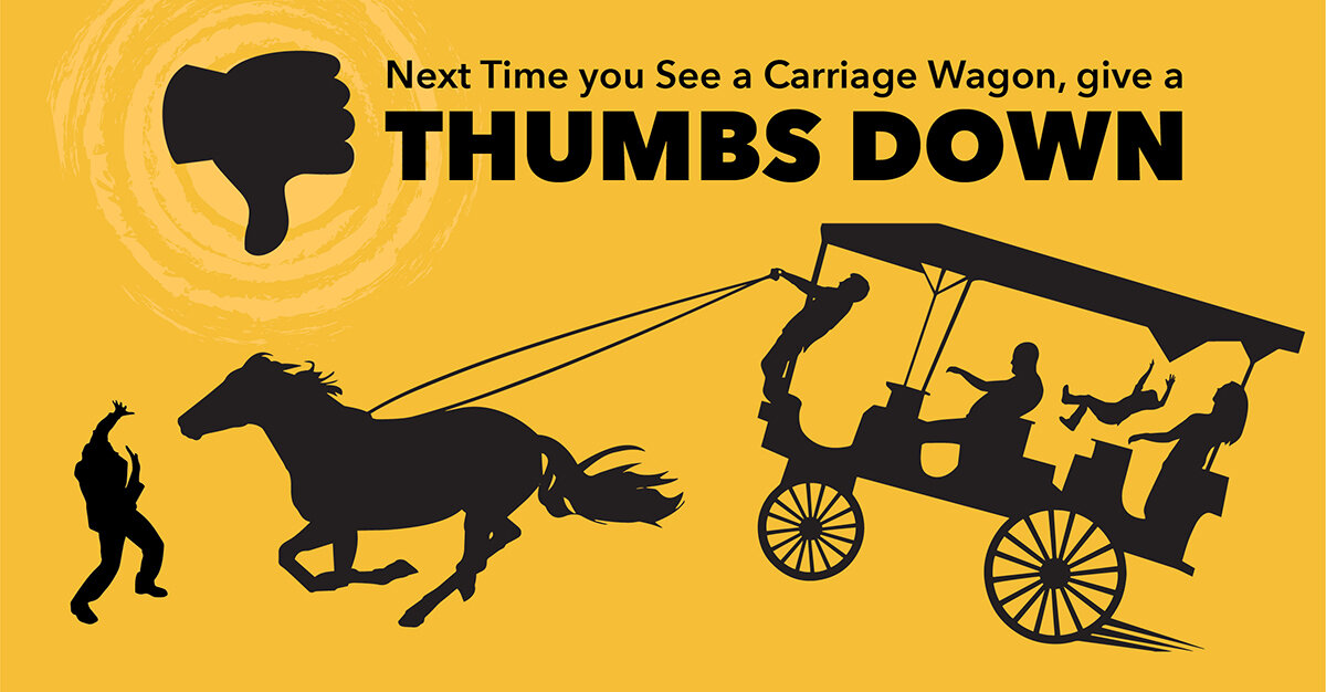 Banner that says "next time you see a carriage wagon, give a thumbs down"