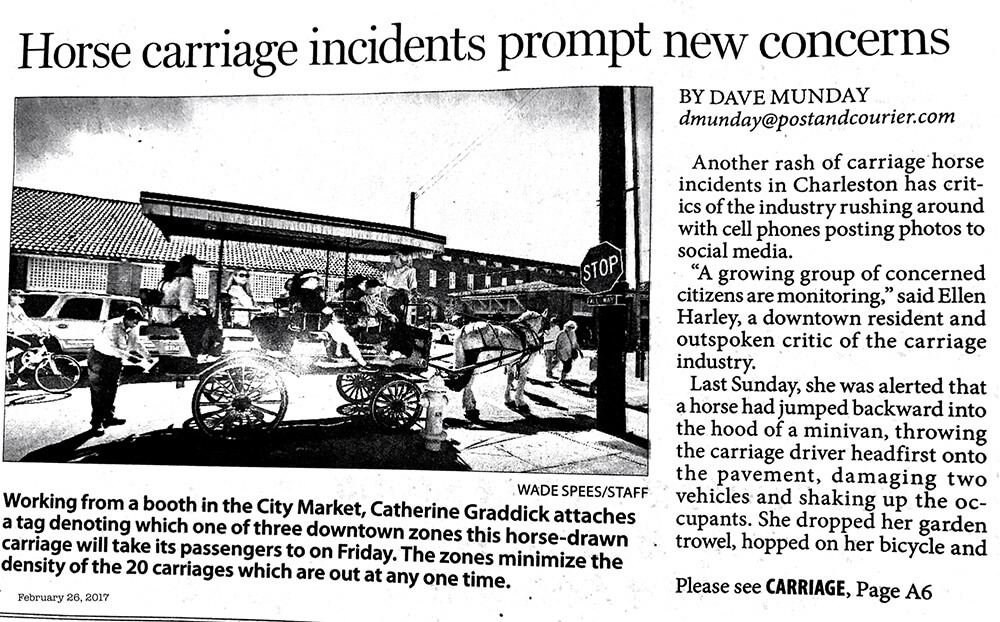 Newspaper with title "Horse carriage incidents prompt new concerns"