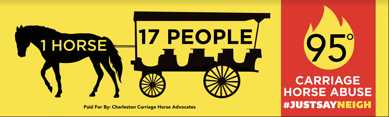 Banner that says "1 horse 17 people 95° carriage horse abuse #justsayneigh"