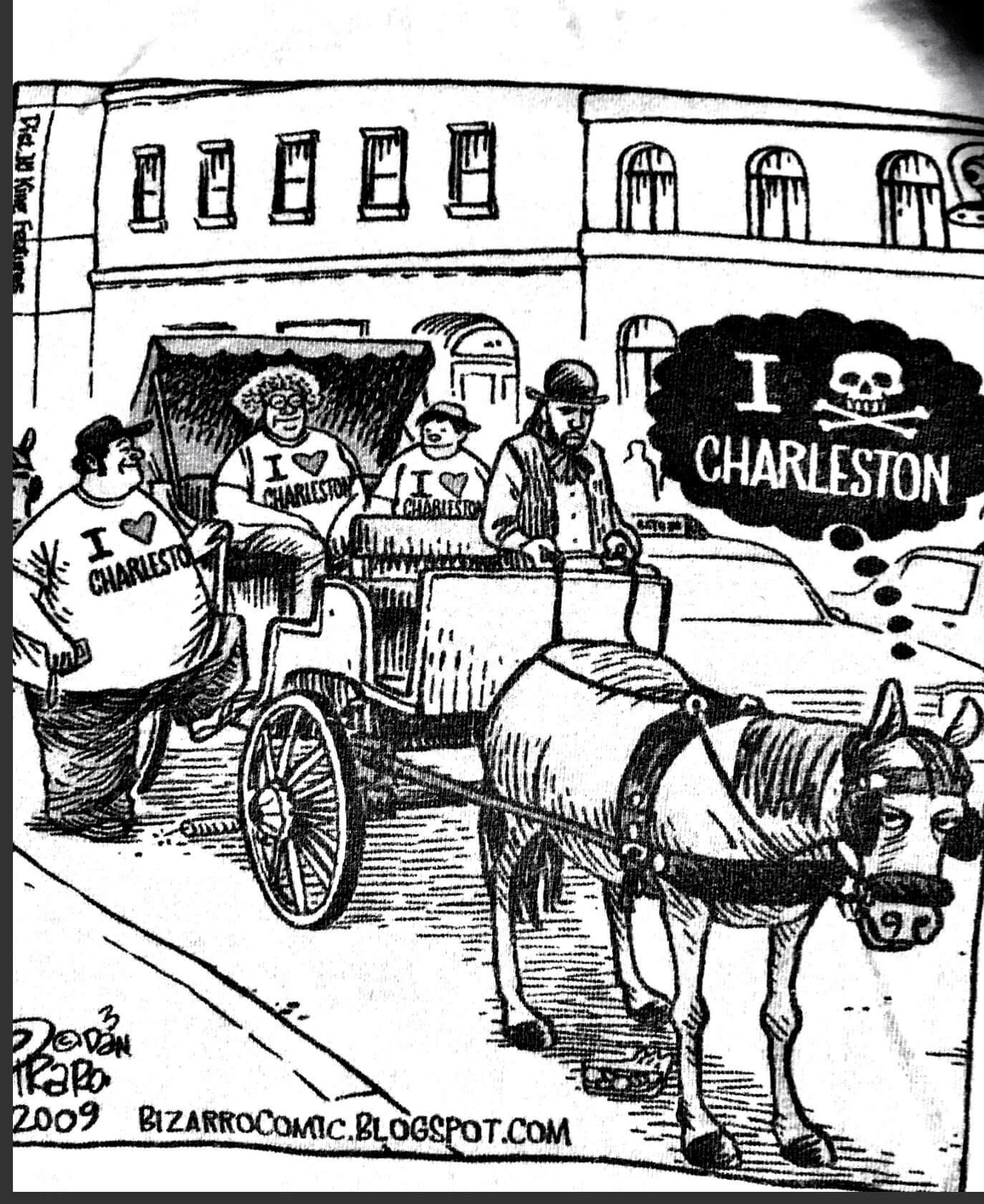 Comic strip photo showing large people in carriage with shirts that say "i heart charleston" and horse pulling carriage that has a thought bubble that says "i skull and crossbones charleston"
